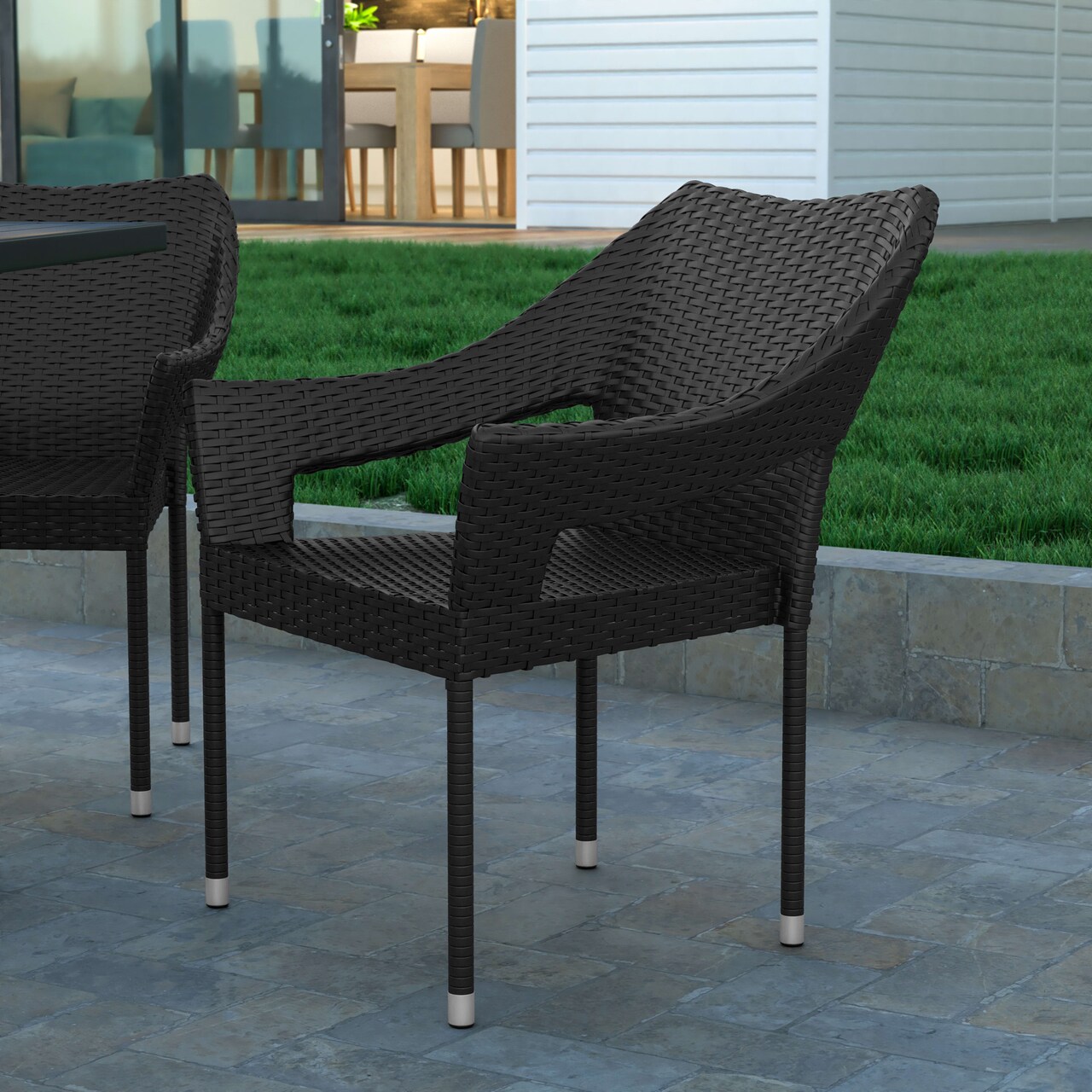 Emma and Oliver Embry All-Weather Indoor/Outdoor Stacking Patio Dining Chair with Steel Frame and Weather Resistant PE Rattan